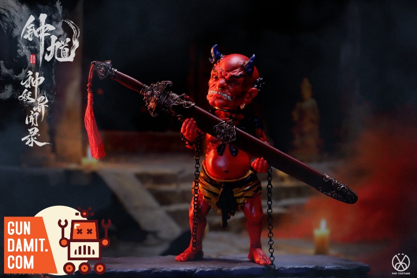 POP COSTUME 1/12 MYS-01D Tales of the Strange Zhong Kui Demo Red demon figurine holding a sword, with Chinese characters and POP COSTUME 1/12 MYS-01D Tales of the Strange Zhong Kui Demo Red demon figurine holding a sword, with Chinese characters and