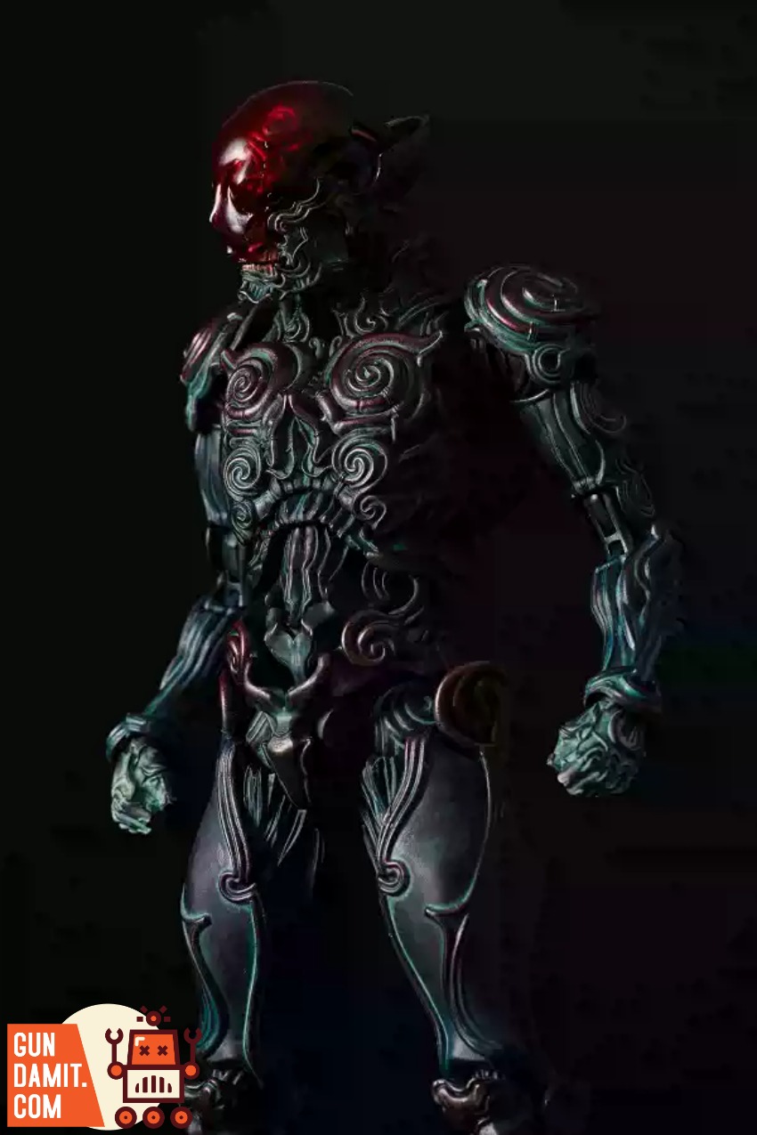 Sentinel Toys 1000toys Takayuki Takeya Jomon Puppet Black Bo Dark, intricately designed robot figure with red glowing head an Sentinel Toys 1000toys Takayuki Takeya Jomon Puppet Black Bo Dark, intricately designed robot figure with red glowing head an