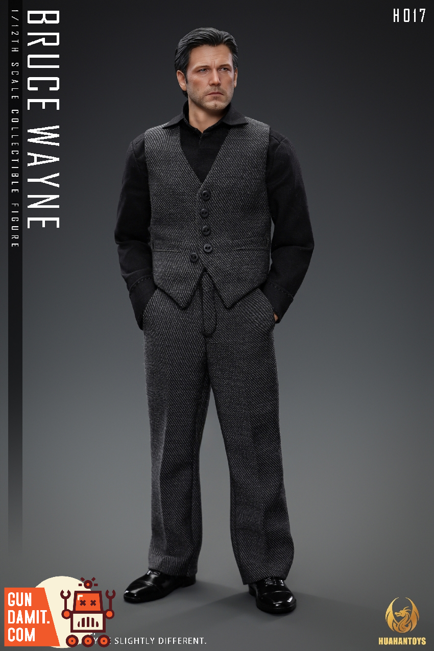 HUAHANTOYS 1/12 H018 Bruce Wayne Grey & Blue Vest Outfit Set Bruce Wayne figure dressed in grey vest and pants, black shirt a HUAHANTOYS 1/12 H018 Bruce Wayne Grey & Blue Vest Outfit Set Bruce Wayne figure dressed in grey vest and pants, black shirt a