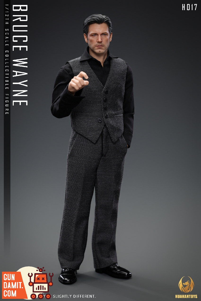 HUAHANTOYS 1/12 H018 Bruce Wayne Grey & Blue Vest Outfit Set The image features a 1/12 scale collectible figure of Bruce Wayn HUAHANTOYS 1/12 H018 Bruce Wayne Grey & Blue Vest Outfit Set The image features a 1/12 scale collectible figure of Bruce Wayn
