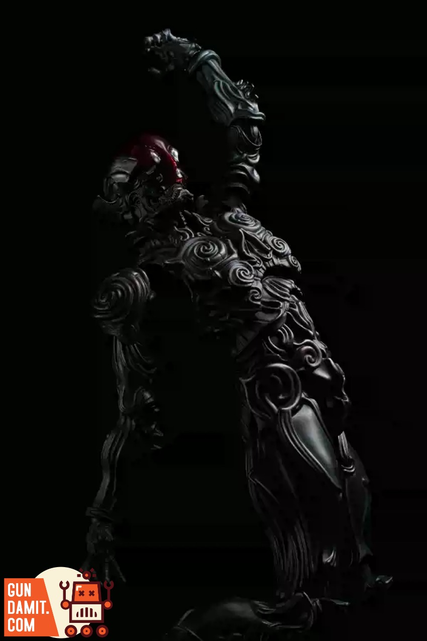 Sentinel Toys 1000toys Takayuki Takeya Jomon Puppet Black Bo Dark, intricately designed figurine with raised arm and red head Sentinel Toys 1000toys Takayuki Takeya Jomon Puppet Black Bo Dark, intricately designed figurine with raised arm and red head