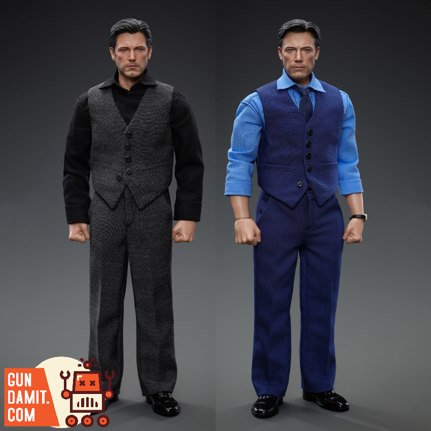 HUAHANTOYS 1/12 H018 Bruce Wayne Grey & Blue Vest Outfit Set Two figures in formal vests and trousers, one grey, one blue. HUAHANTOYS 1/12 H018 Bruce Wayne Grey & Blue Vest Outfit Set Two figures in formal vests and trousers, one grey, one blue.