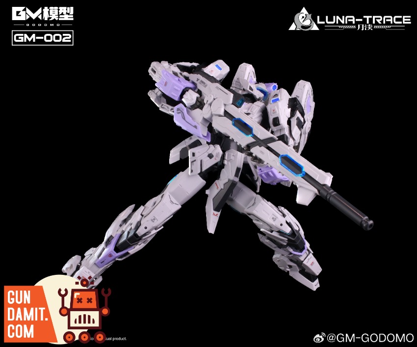 GODOMO GM-002 Yue Du Model Kit White and purple mecha robot with a gun, labeled GM-002 Luna-Trace. GODOMO GM-002 Yue Du Model Kit White and purple mecha robot with a gun, labeled GM-002 Luna-Trace.