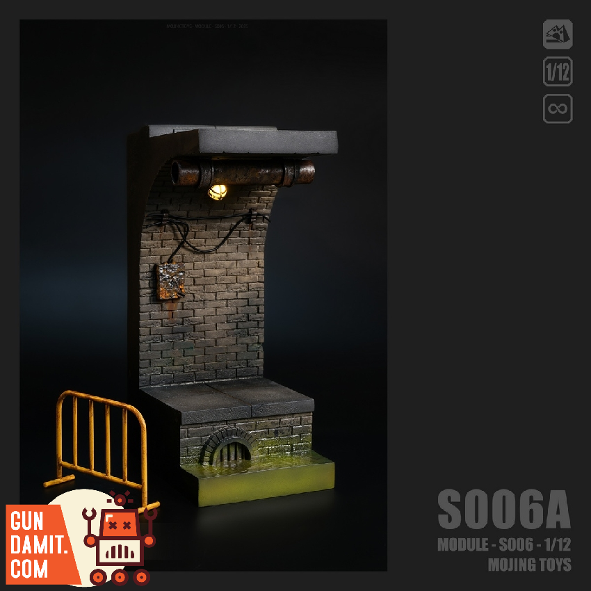 Mojing Toys 1/12 S006A Module Series American Comic Sewer Di Dark diorama base with brick wall, rusty pipes, and yellow barri Mojing Toys 1/12 S006A Module Series American Comic Sewer Di Dark diorama base with brick wall, rusty pipes, and yellow barri