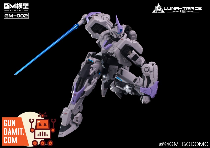 GODOMO GM-002 Yue Du Model Kit A futuristic robot with a glowing blue sword and purple accents. GODOMO GM-002 Yue Du Model Kit A futuristic robot with a glowing blue sword and purple accents.