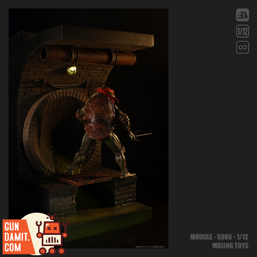 Mojing Toys 1/12 S006B Module Series American Comic Sewer Di A Teenage Mutant Ninja Turtle figure stands in a sewer diorama. Mojing Toys 1/12 S006B Module Series American Comic Sewer Di A Teenage Mutant Ninja Turtle figure stands in a sewer diorama.