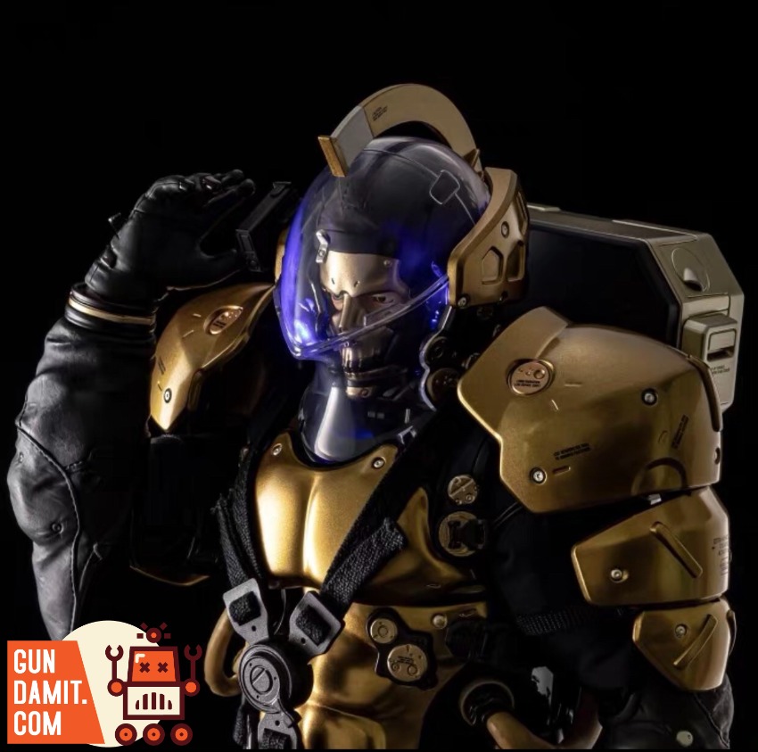 Sentinel Toys Kojima Productions Death Stranding Golden Lude Golden Ludens figure with detailed armor and helmet, black backg Sentinel Toys Kojima Productions Death Stranding Golden Lude Golden Ludens figure with detailed armor and helmet, black backg