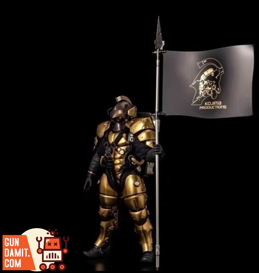 Sentinel Toys Kojima Productions Death Stranding Golden Lude Golden armored figure holding flag, Kojima Productions logo, bla Sentinel Toys Kojima Productions Death Stranding Golden Lude Golden armored figure holding flag, Kojima Productions logo, bla