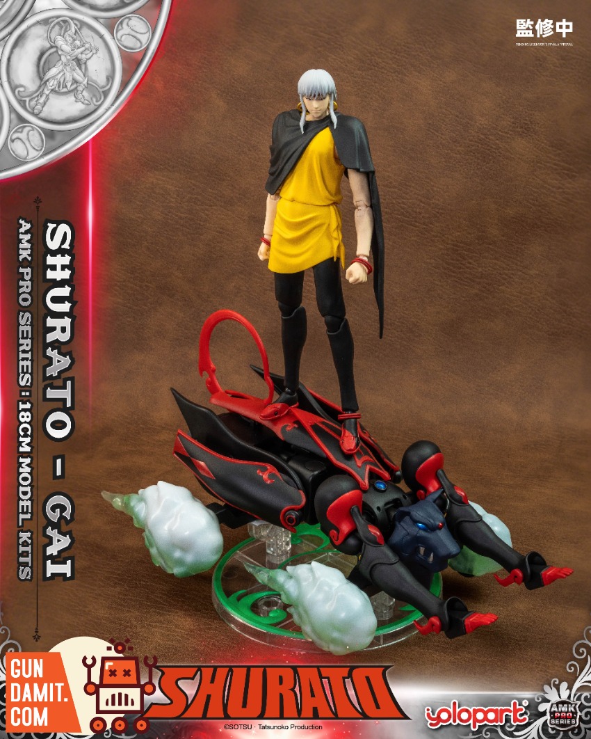 YoloPark AMK Pro Series Shurato Gai Model Kit Shurato Gai figure with red and black vehicle on green base. YoloPark AMK Pro Series Shurato Gai Model Kit Shurato Gai figure with red and black vehicle on green base.