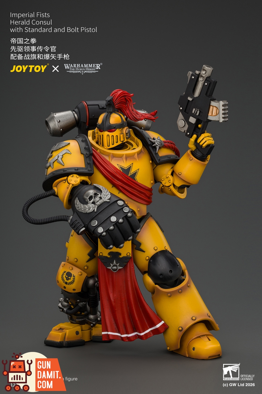 JoyToy JT05220 1/18 Warhammer The Horus Heresy Imperial Fists Herald Consul with Standard and Bolt Pistol - View 8 JoyToy JT05220 1/18 Warhammer The Horus Heresy Imperial Fists Herald Consul with Standard and Bolt Pistol - View 8