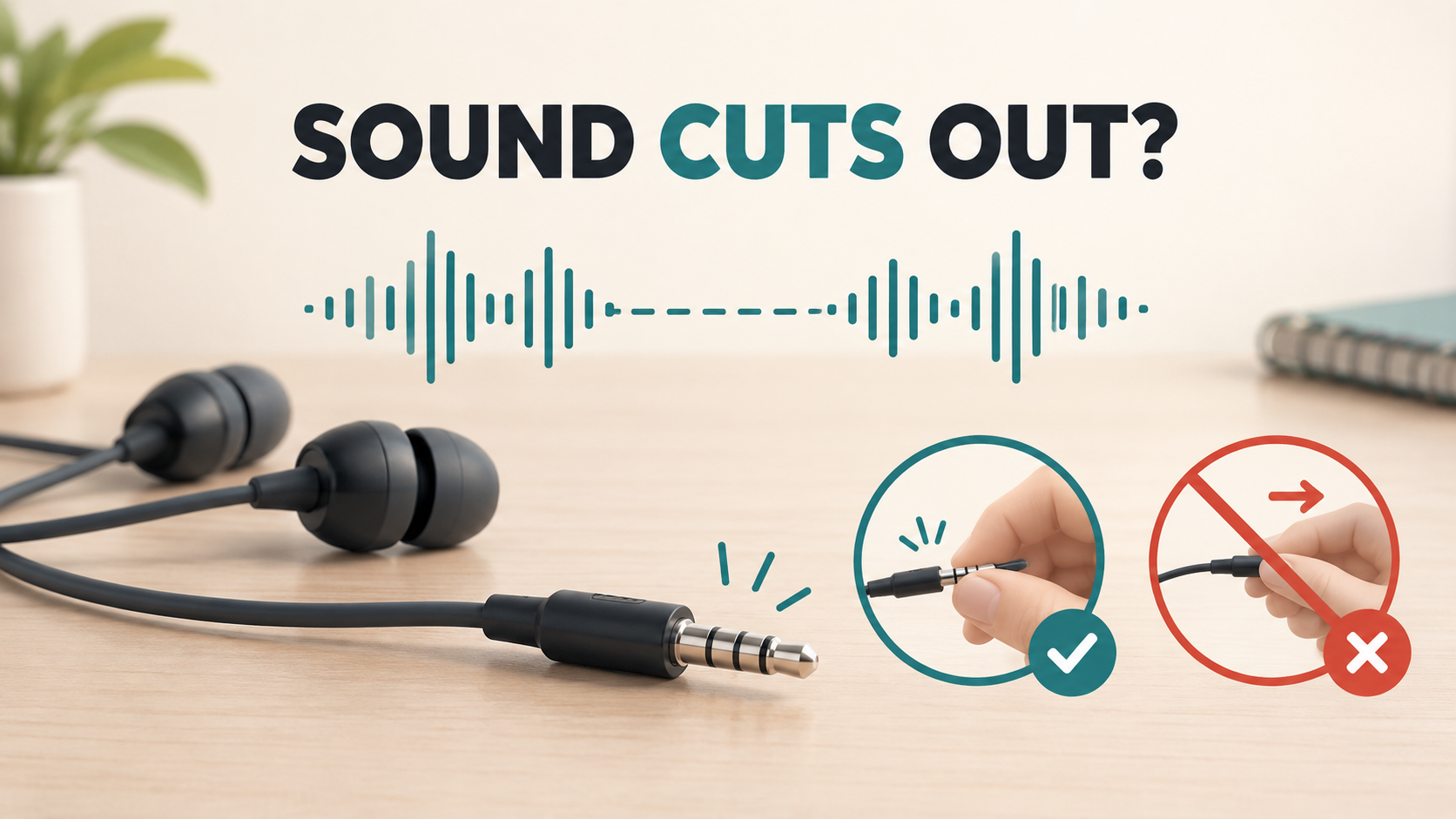 Illustration of intermittent audio and checking a wired earphone plug