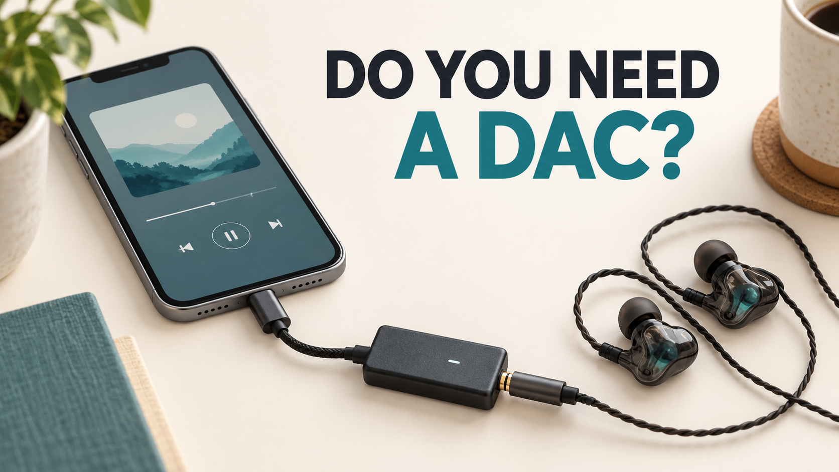 Illustration of a phone connected to wired IEMs through a compact DAC