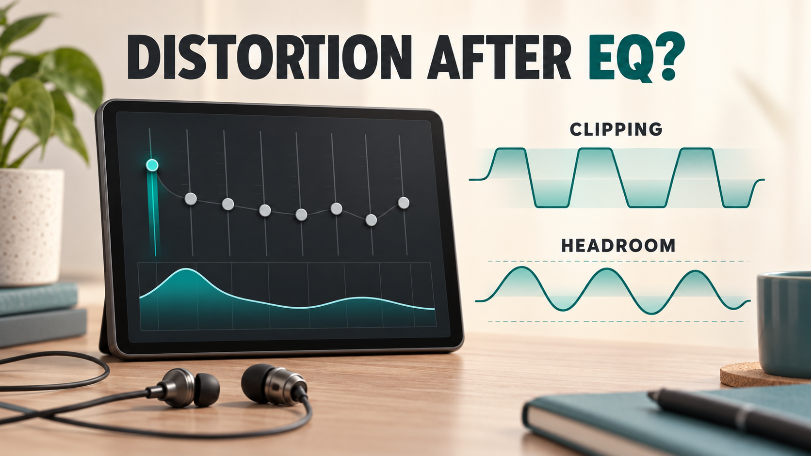 Conceptual illustration comparing clipped audio with available headroom after EQ