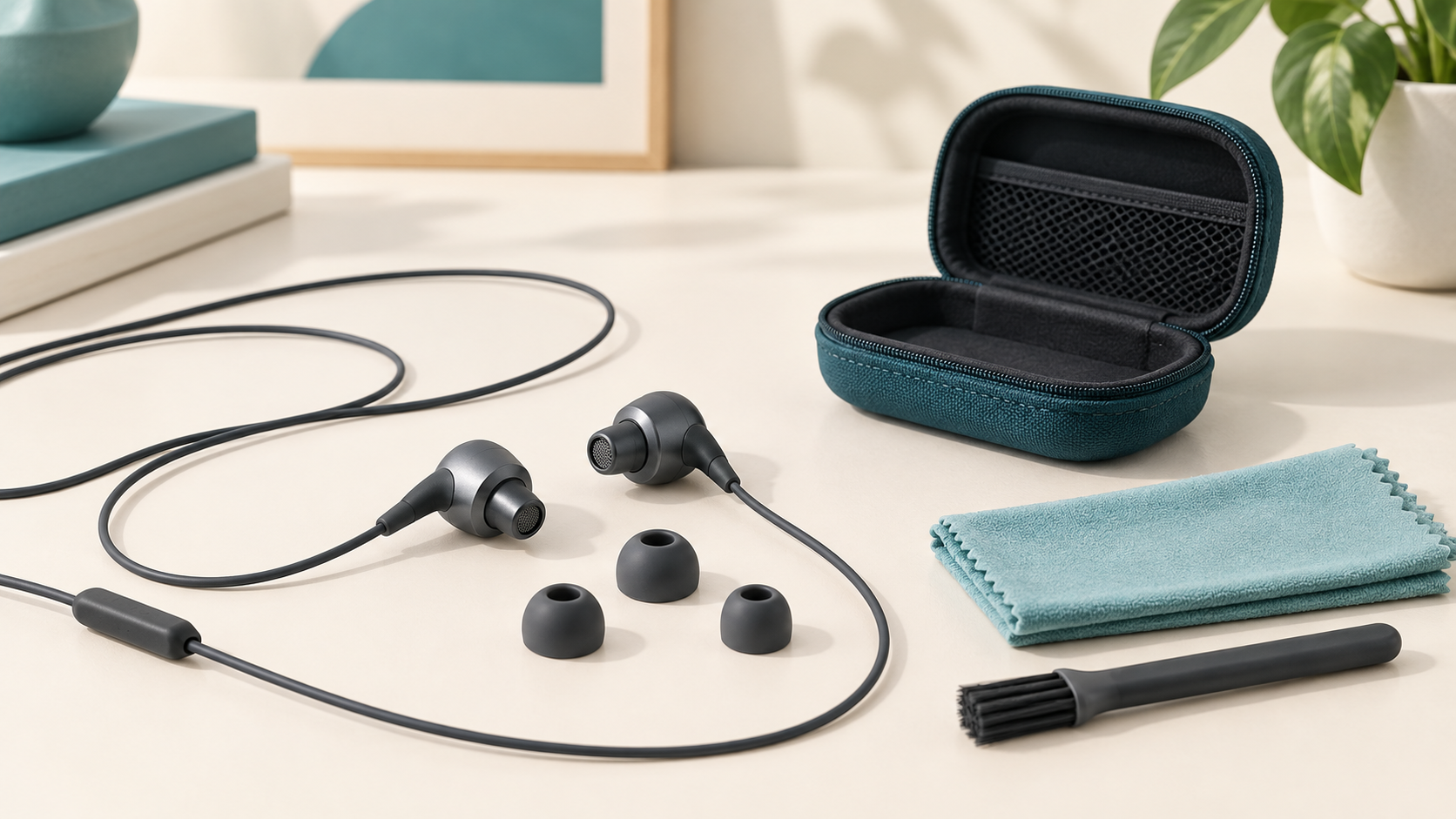 Illustration of wired IEMs, detached ear tips, a soft cloth, brush and storage case