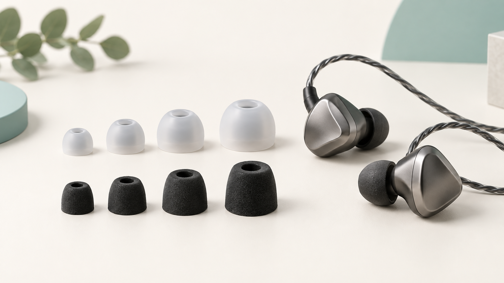 Illustration comparing silicone and foam ear tips in different sizes beside an IEM