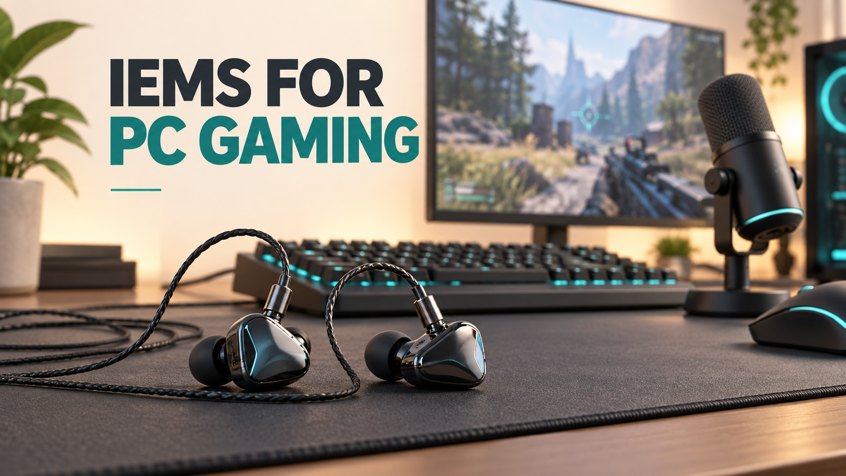 Illustration of wired IEMs and a separate microphone in a PC gaming setup