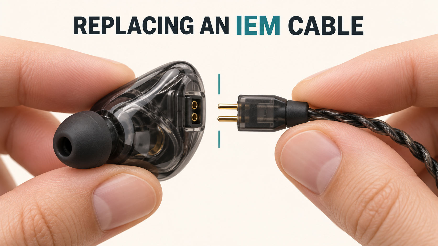 Illustration of holding the shell and connector housing while replacing an IEM cable