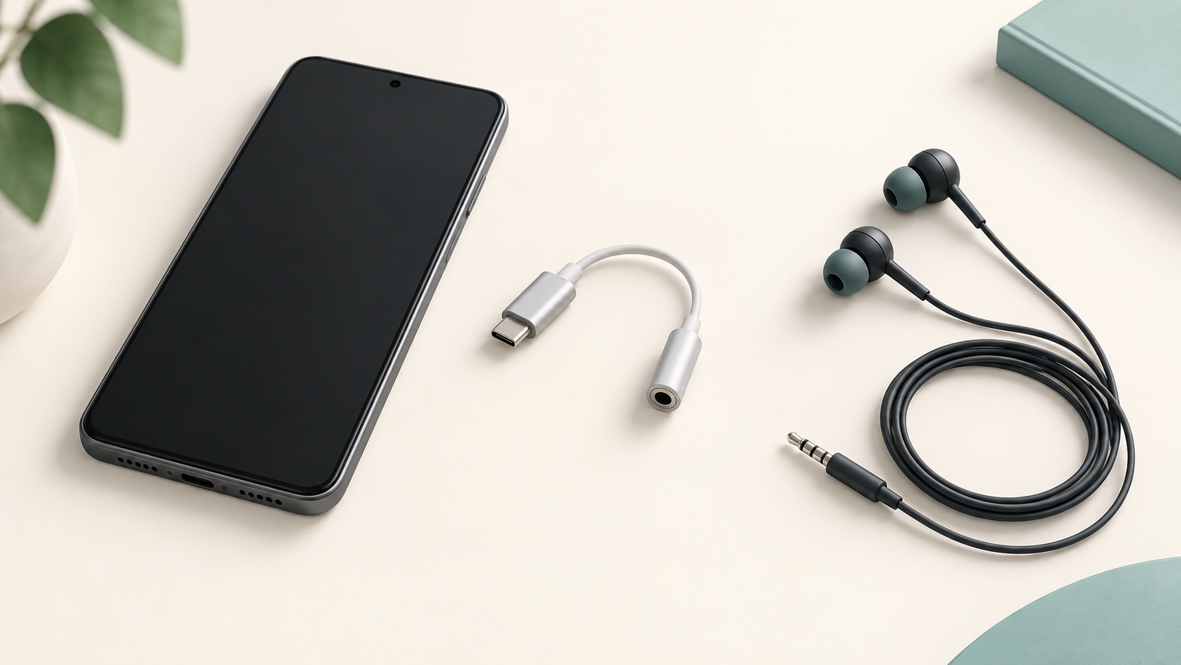Illustration of a smartphone, USB-C audio adapter and wired earphones
