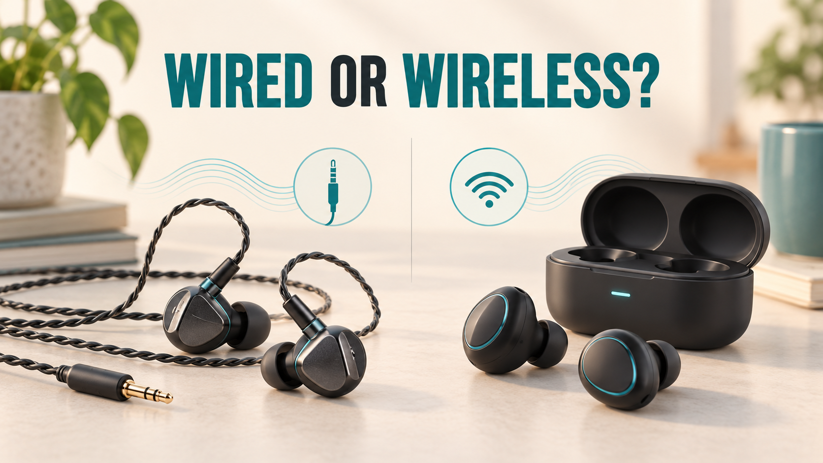 Illustration comparing wired IEMs with wireless earbuds and charging case