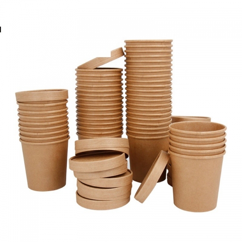 12oz Biodegradable Food Container Kraft Paper Soup Cups With Paper Cover