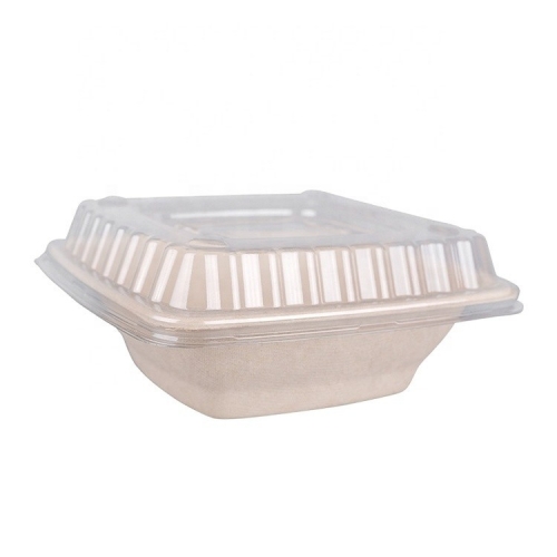 16OZ Bagasse Pulp Square Disposable Biodegradable Bowl with Clear Lid