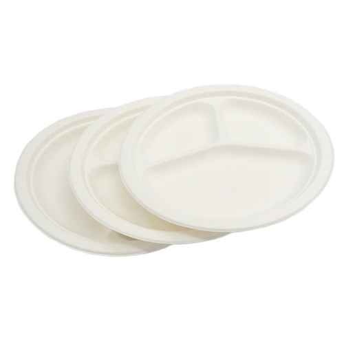 white divided 3 compartment sugarcane bagasse round plate