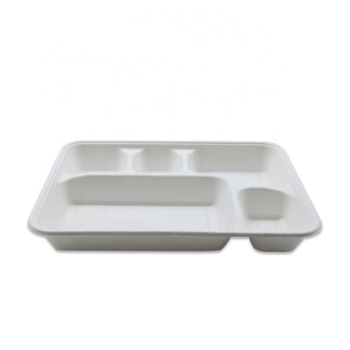 Newest Disposable 5 Compartment Biodegradable Bagasse Tray with Lid