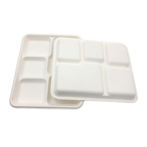 Eco Friendly Takeout Sugarcane 5 Compartment Disposables Food Tray