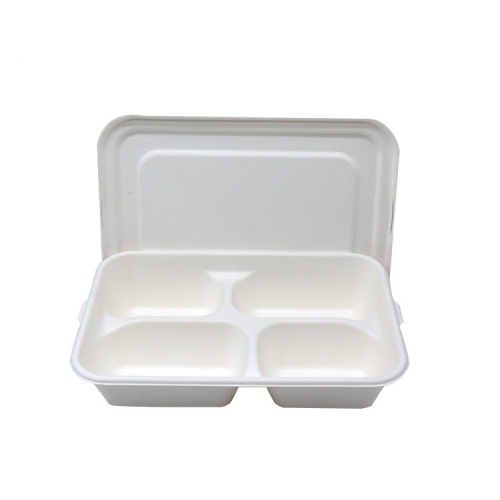 100% biodegradable 4 compartment disposable white bagasse sugarcane food tray with lid