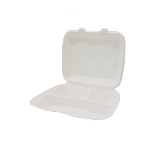 Three-compartment flip type disposable biodegradable sugarcane lunch box