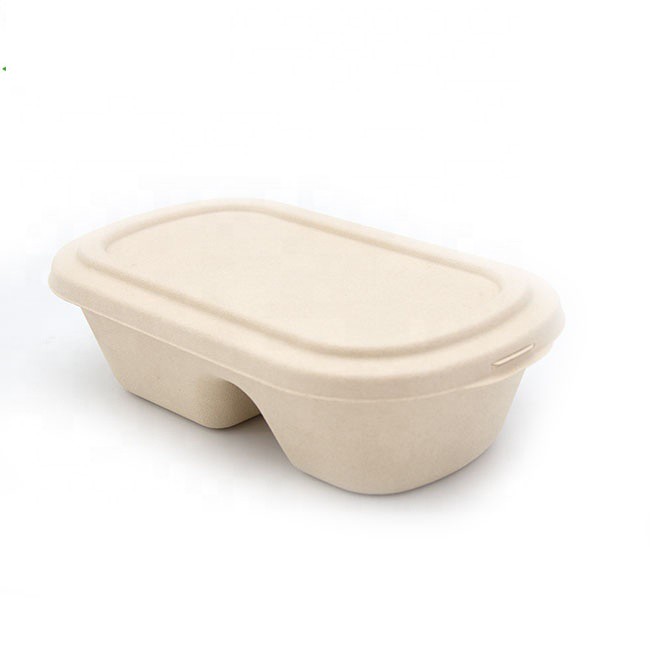 1000ML Disposable Sugarcane 2 Compartment Biodegradable Packaging Box With Lid