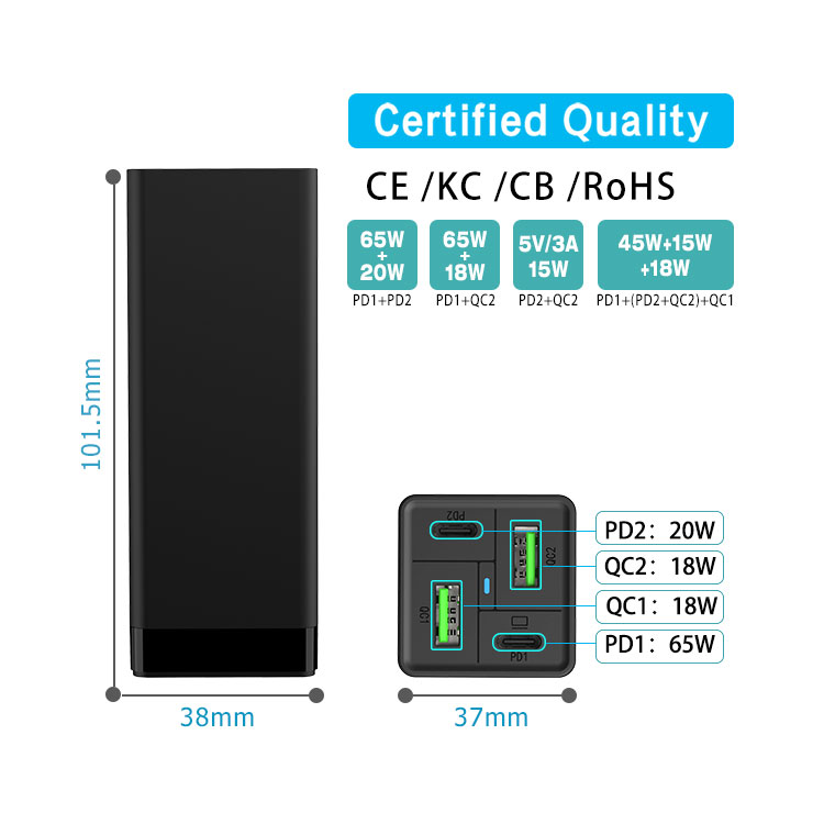 desktop charger pd65w pd20w qc18w cb ce rohs erp certified