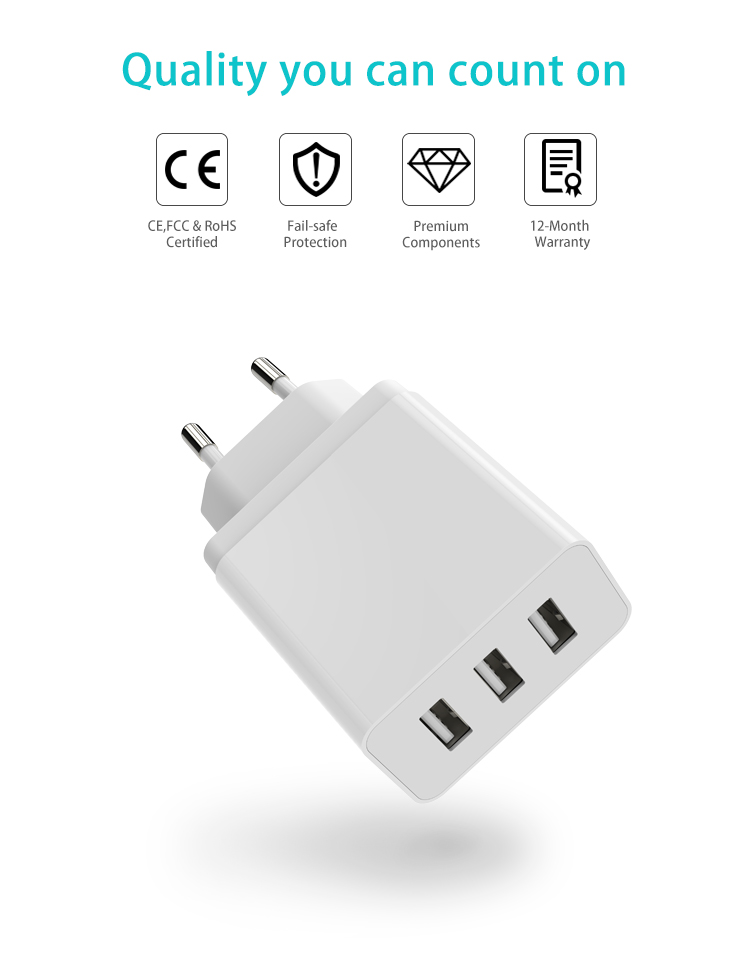 15W 3-Port Wall Charger, Portable Wall Charger Plug for iPhone