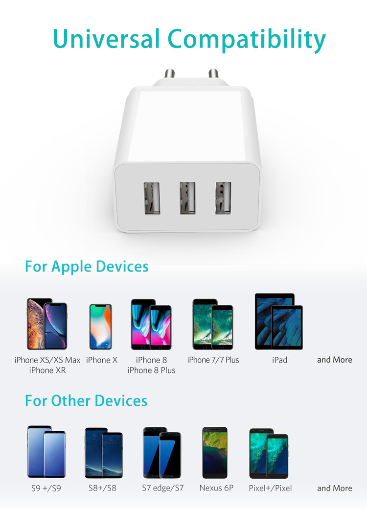 15W 3-Port Wall Charger, Portable Wall Charger Plug for iPhone