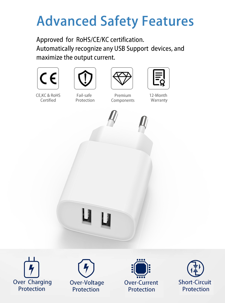 fireproof case 12W usb charger with EU US KR Plug