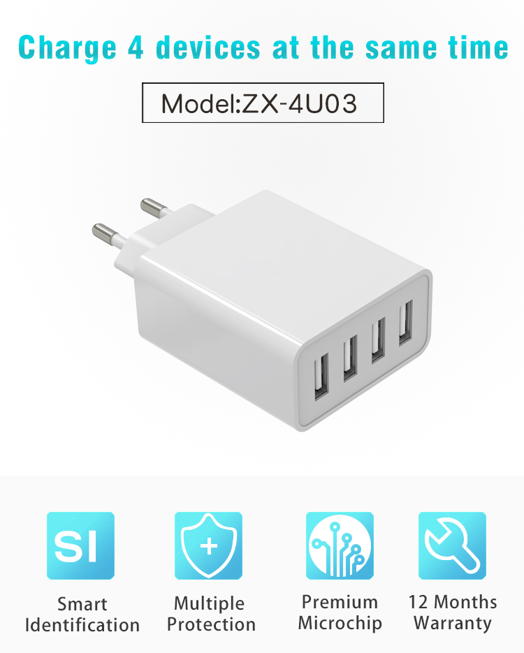 USB Wall Charger, 4 Ports Charger 5A USB Adapter Power Plug Charging Station Compatible with iPhone