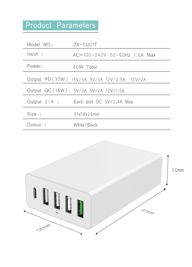 Cell Phone Charger 5 port 60w