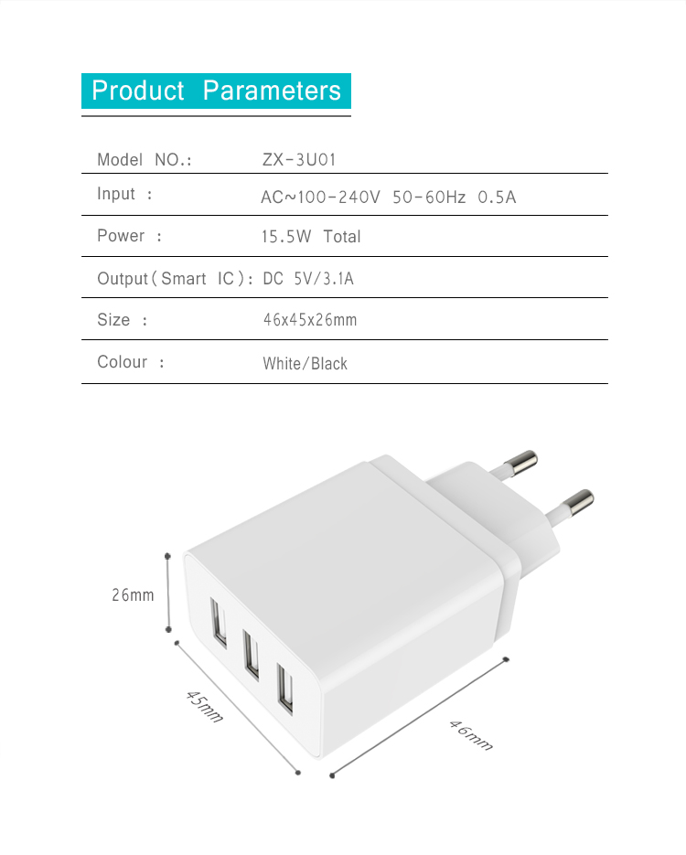 5v 3.1a 15.5w 3 ports fast charger travel adapter for phones ipads