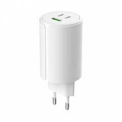 USB C Charger 3 Ports GaN 65W Round Face USB C Charger 3 Port Fast PD GaN Wall Charger for Smartphones and Tablets with EU Plug White Color