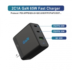 ZONSAN factory 65W GAN Charger 3 Slots Type-C US Plug Black Color