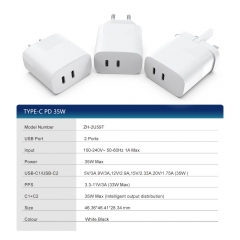 ZONSAN 2 Usb Type C Fast Pd Wall 35W Dual Usb-c Charger for iphone 14 Apple