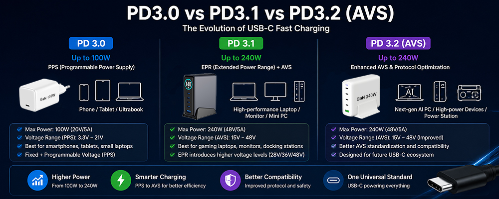 PD3.0 vs PD3.1 vs PD3.2 (AVS) What Changed in USB-C Fast Charging From 100W to 240W
