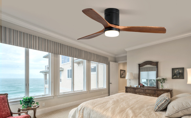 52 Inch 3 Walnut Wood Blades Flush Mount Low Profile Ceiling Fan with Light Remote Control