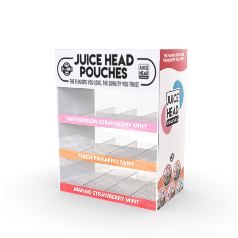 JUICE HEAD Pouches acrylic display stand with puhers