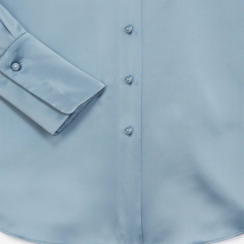 Classic buttoned blue silk shirt satiny black silk blouses