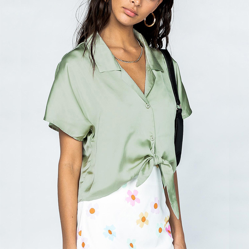 Womens short sleeve silky satin button down shirt