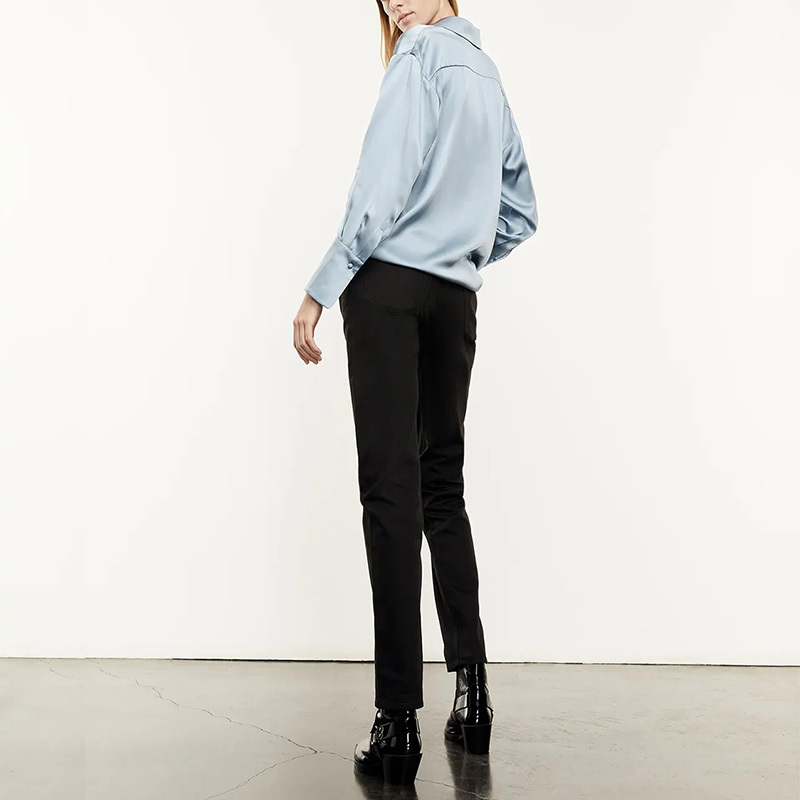 Classic buttoned blue silk shirt satiny black silk blouses