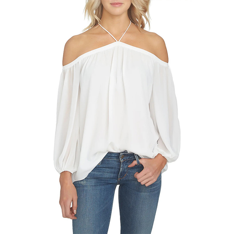 Womens off the Shoulder Sheer Chiffon Blouse long sleeve