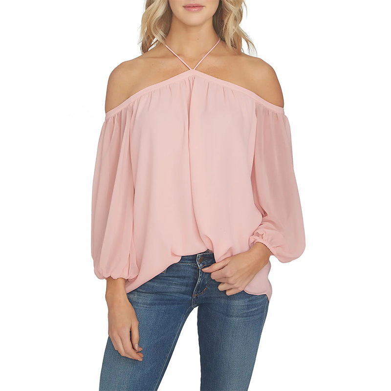 Womens off the Shoulder Sheer Chiffon Blouse long sleeve