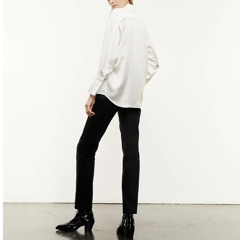 Classic buttoned blue silk shirt satiny black silk blouses